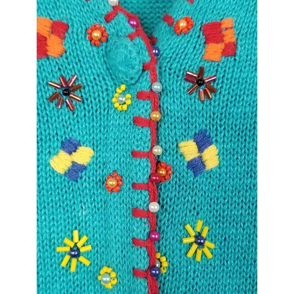 VINTAGE Embroidered Beaded Knit Sweater Southwestern Cardigan Unique Boho MED - Picture 7 of 11